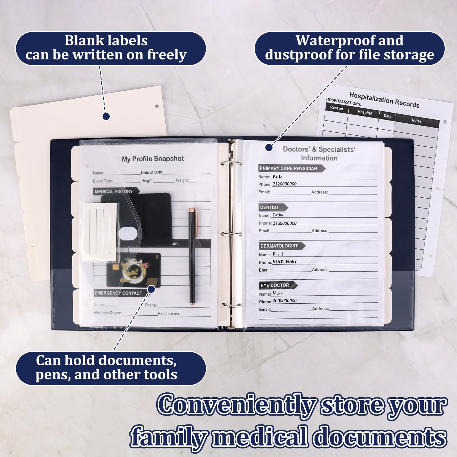 Home Organizer Binder 8.5"×11" Home Management 3 Ring Binder Household Health Planner Journal with 15 Dividers & 25 PCS Protectors & Binder Pocket & 3 Information Tables for Family Medical Documents