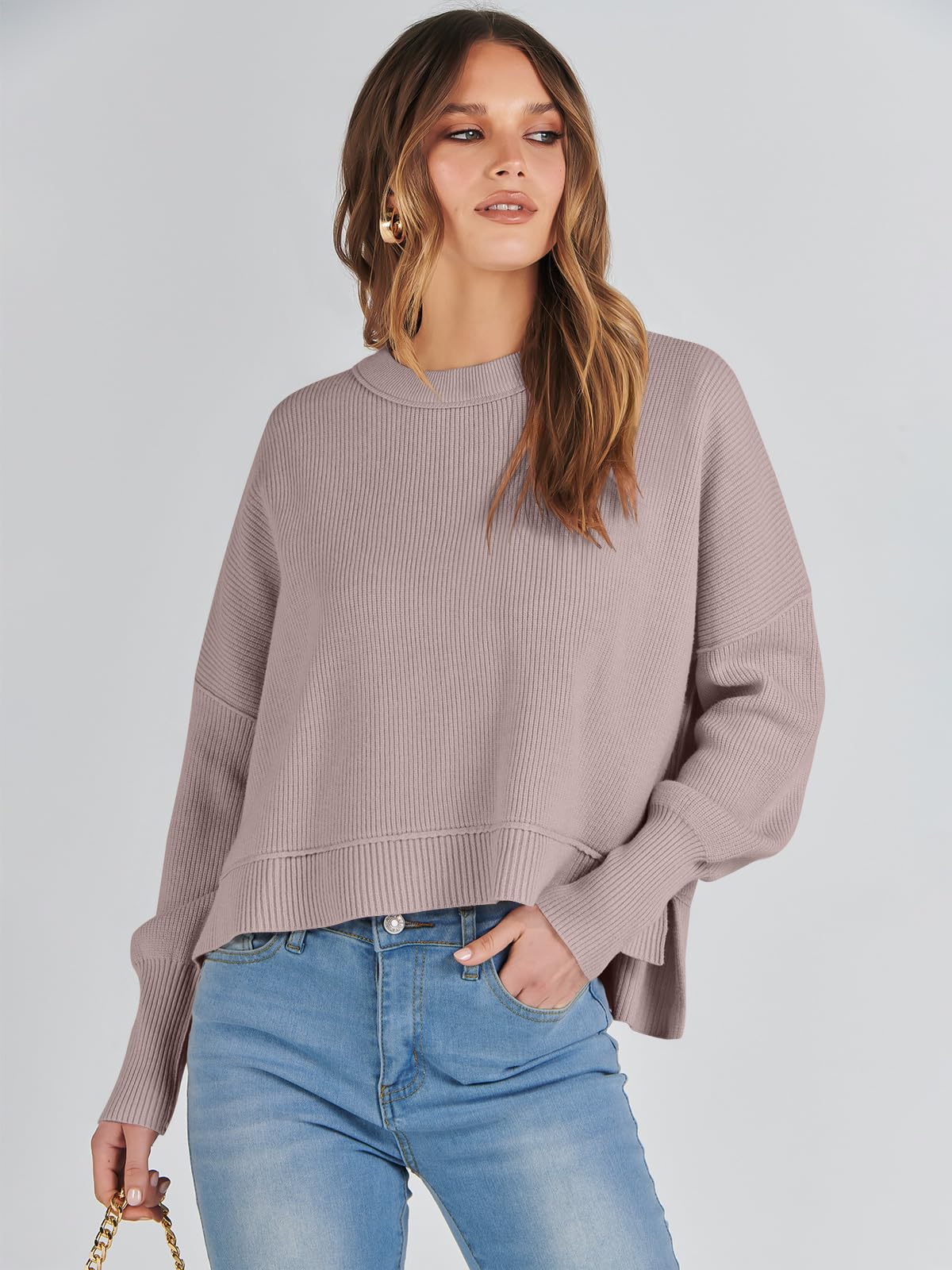 ANRABESS Womens Cropped Sweaters Oversized Crewneck Long Batwing Sleeve Side Slit Ribbed Knit Pullover Tops 2025 Fall Clothes Medium
