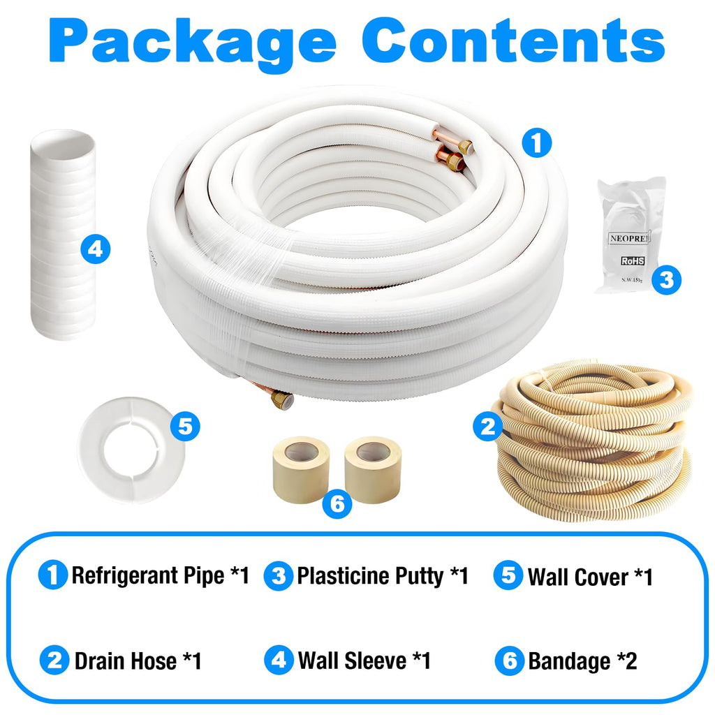 50 Ft Mini Split Line Set 1/4" & 1/2" OD Twin Copper Pipes 3/8 Thickened White PE Insulated Coil Copper Line with Flared Nuts for Mini Split Air Conditioner HVAC Refrigeration and Heating Pump System