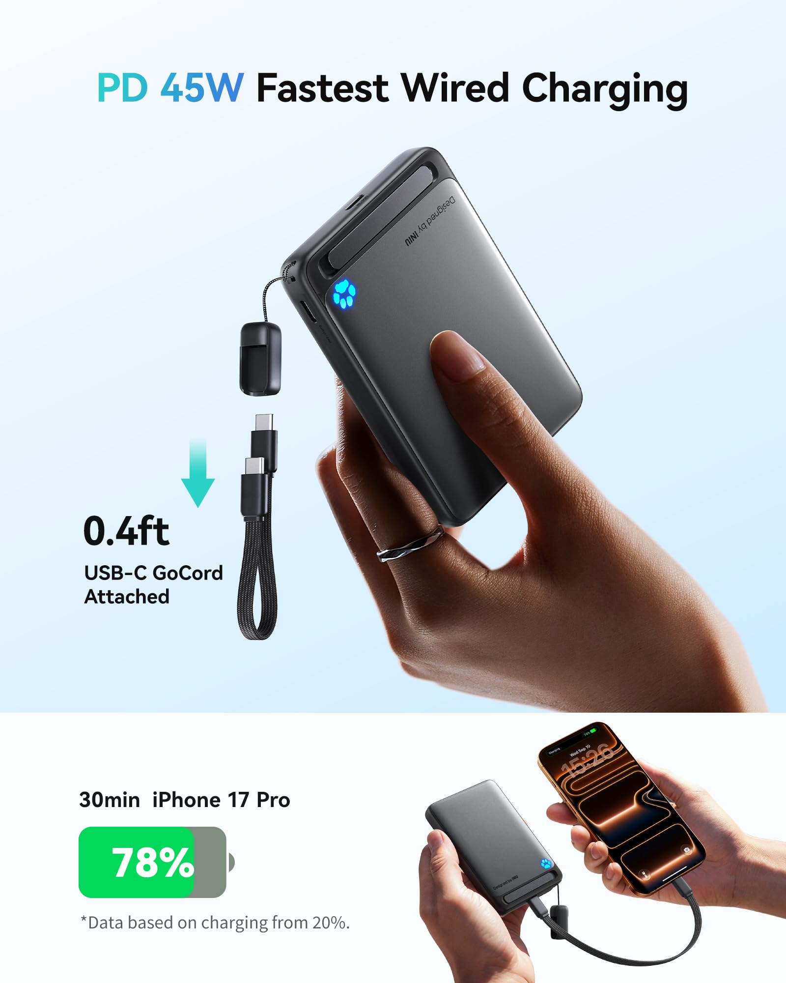INIU for MagSafe Slimmest Portable Charger, Original Qi2 Certified Wireless Fast Charging, 10000mAh 45W Power Bank with USB C Cable, Flight-Safe Battery Pack for iPhone 17-12 Series, White