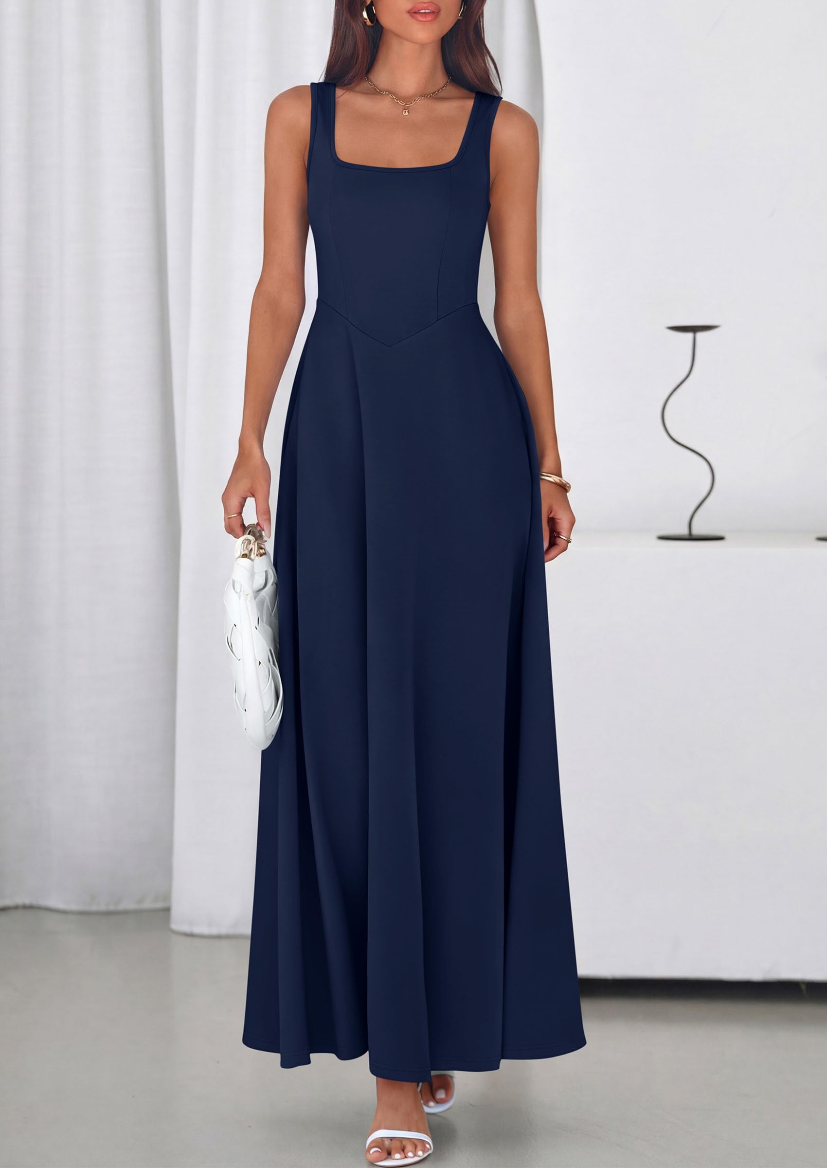 PRETTYGARDEN Womens Summer Dresses 2026 Sleeveless Elegant Square Neck Aline Swing Maxi Beach Wedding Guest Dress Pockets (Navy,Medium)