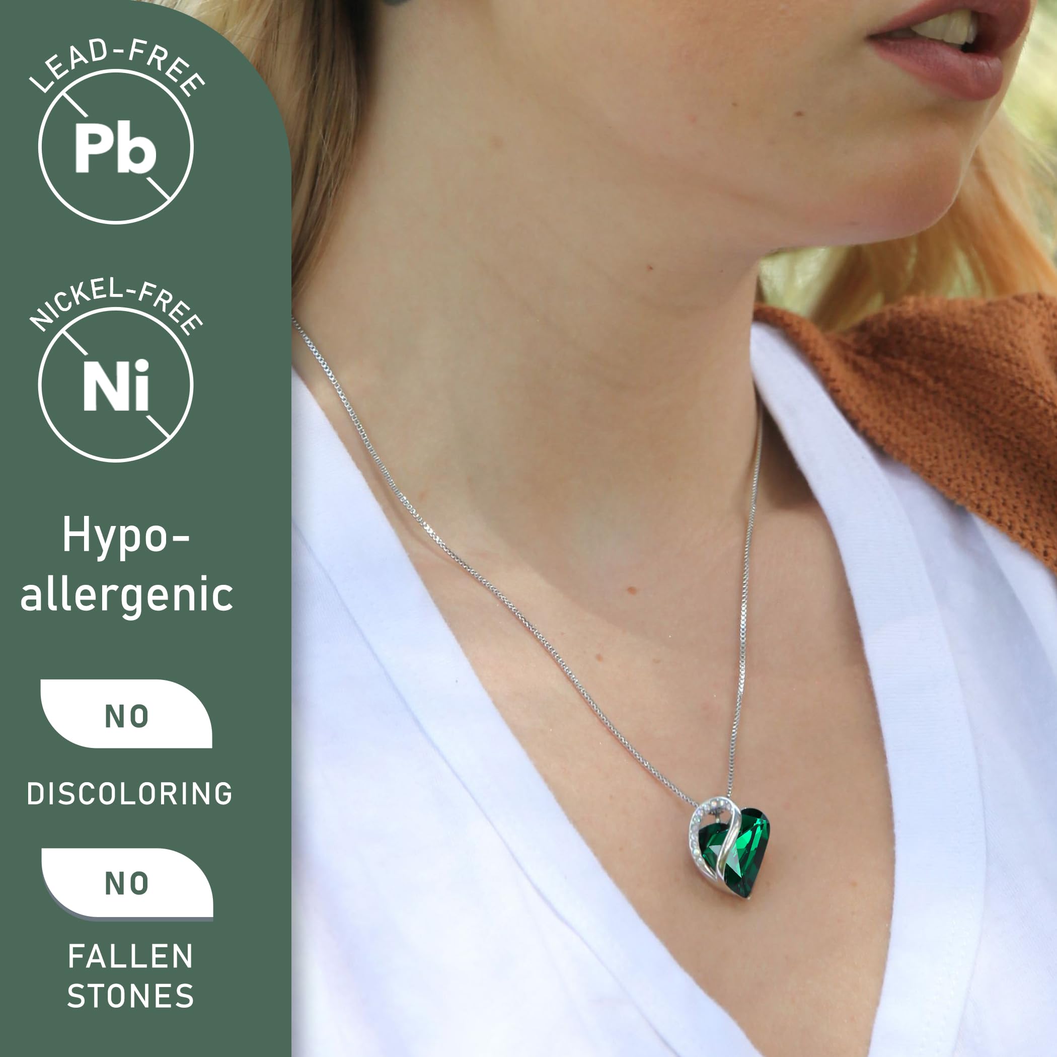 Leafael Mothers Day Gift Necklaces for Women, Infinity Love Birthstone Heart Pendant with Emerald Green Crystal for May, Birthday Jewelry for Her, Mom, and Wife, Silver Plated, 18 + 2 inch Chain