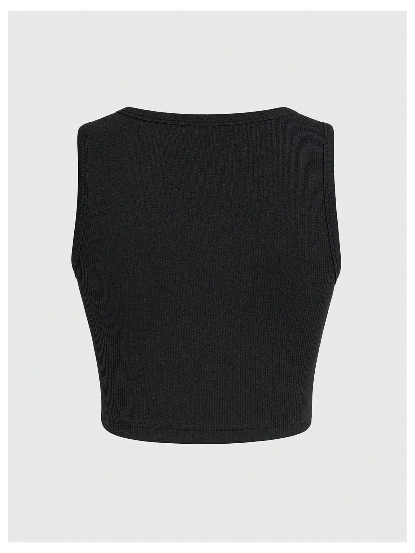 WDIRARA Women's Letter Print Graphic Round Neck Sleeveless Rib Knit Crop Tank Top Black Large