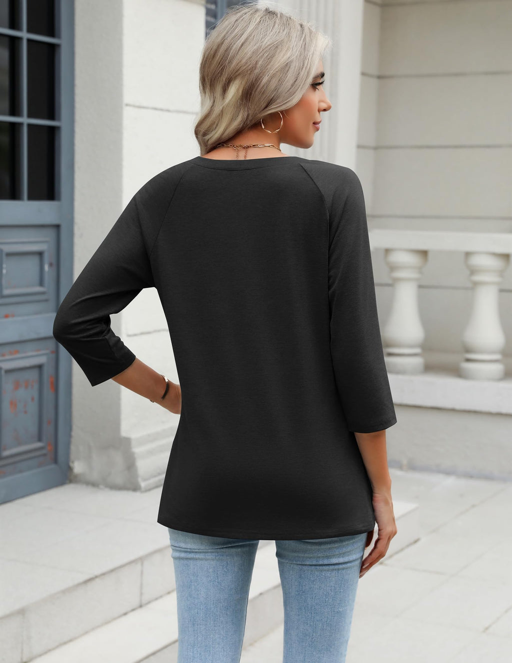 Zeagoo V Neck T Shirts for Women 3/4 Sleeve Tunic Black Office Blouses Dressy Tunic Tops XXL