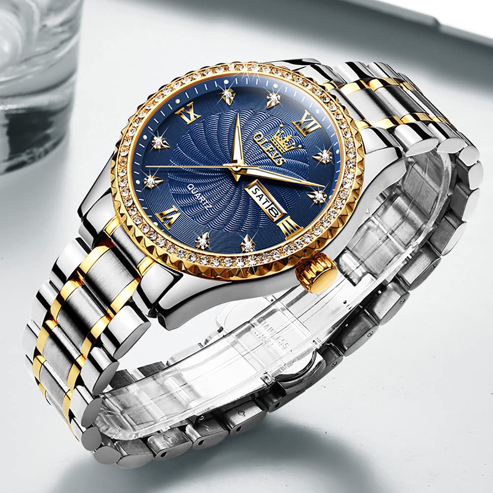 OLEVS Mens Watch Blue Business Diamond Waterproof Watches for Men Casual Dress Stainless Steel Two Tone Male Wrist Watch
