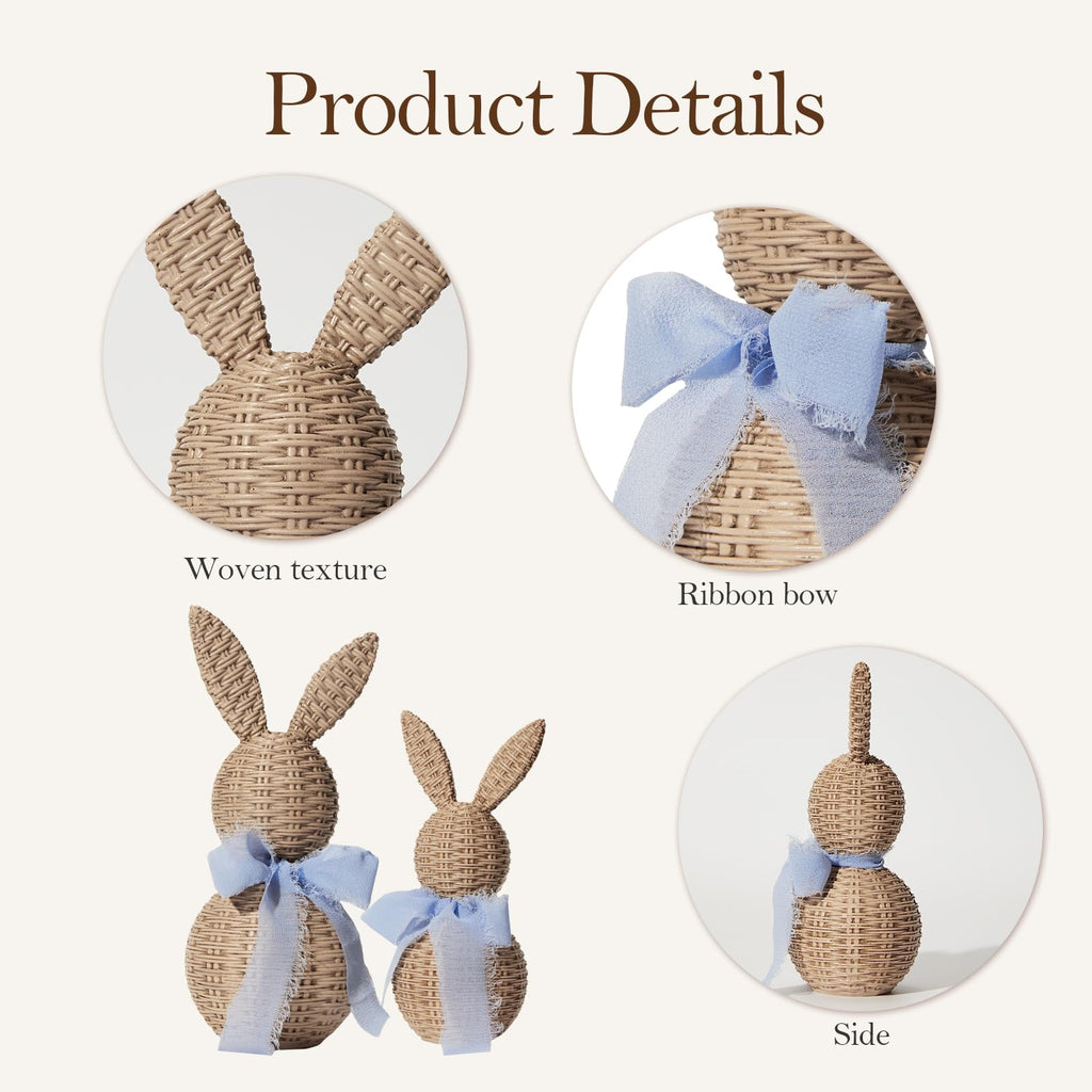 WDS WONDROUS Rattan Effect Resin Bunnies with Light Blue Bow 2-Pcs Large & Small, Easter Decorations Bunny Figurines Set, Farmhouse Spring Table Centerpiece Decor for Home Wedding Gift
