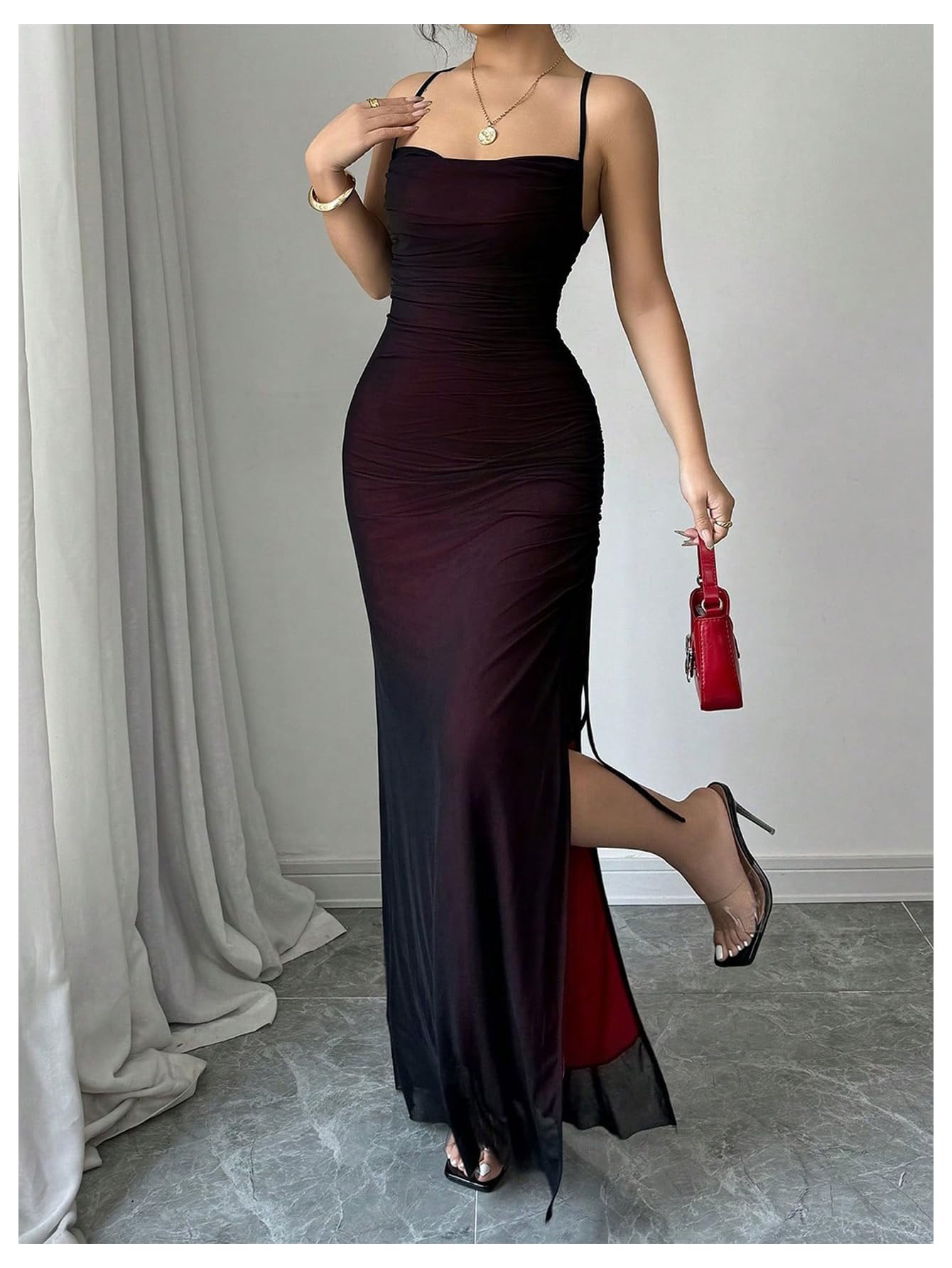 GORGLITTER Women's Mesh Maxi Dress Backless Wedding Guest Dress Ruched Drawstring Bodycon Cami Party Cocktail Dresses Purple Small
