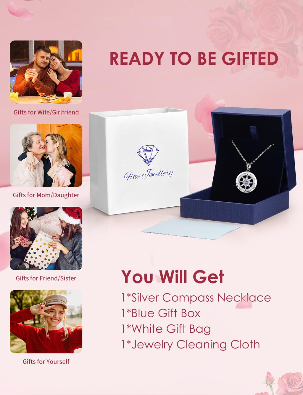 Meeshi Compass Necklace for Women Necklaces for Wife Birthday Gift for Wife for Gifts for Anniversary for Her Amethyst Necklace[Feb-Amethyst-S]