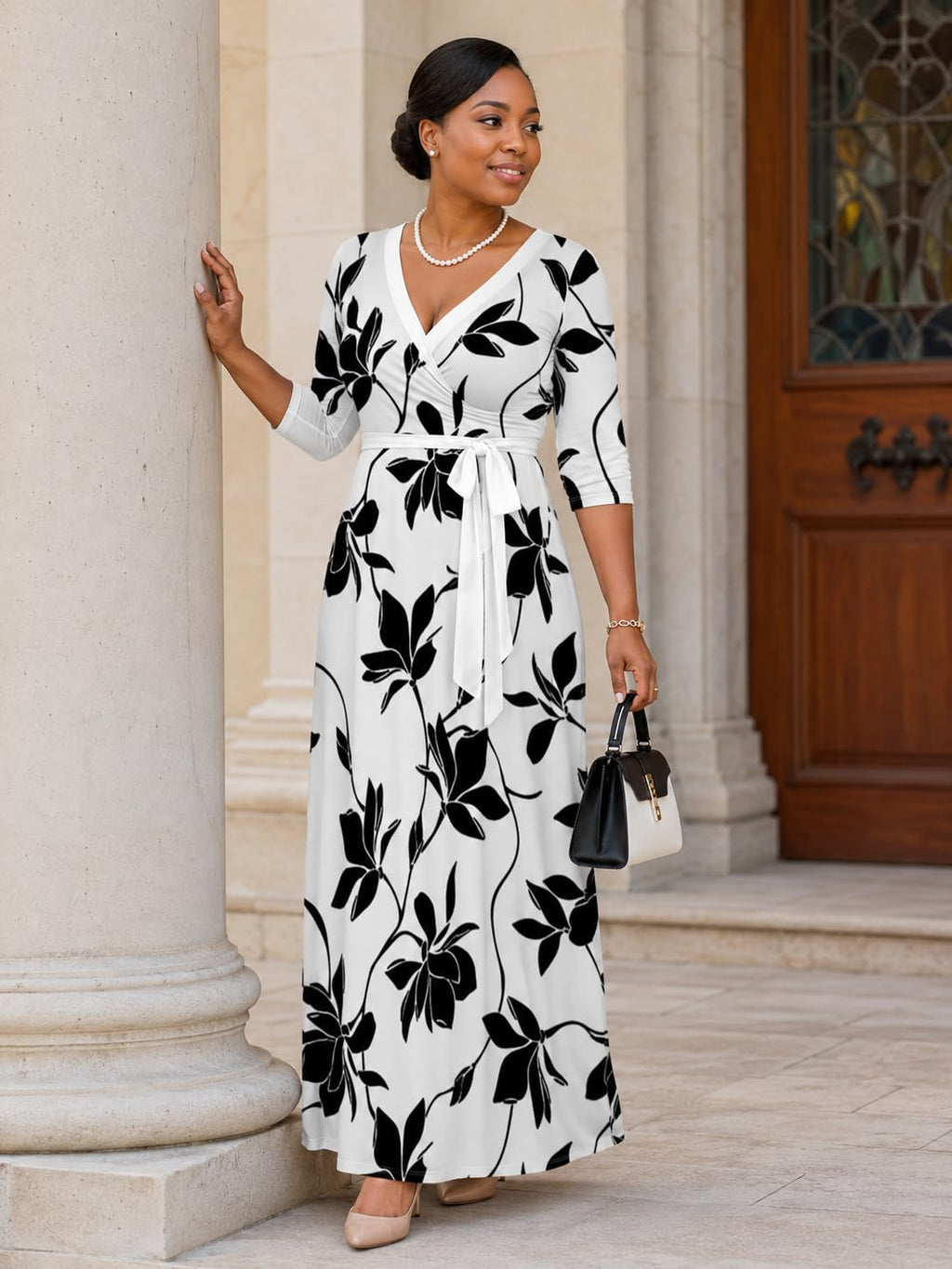 PinkPatty Plus Size Maxi Dresses for Women Casual Flowy Long Dress 3/4 Sleeve V Neck Wrap Dress with Belt(Black White 2XL)