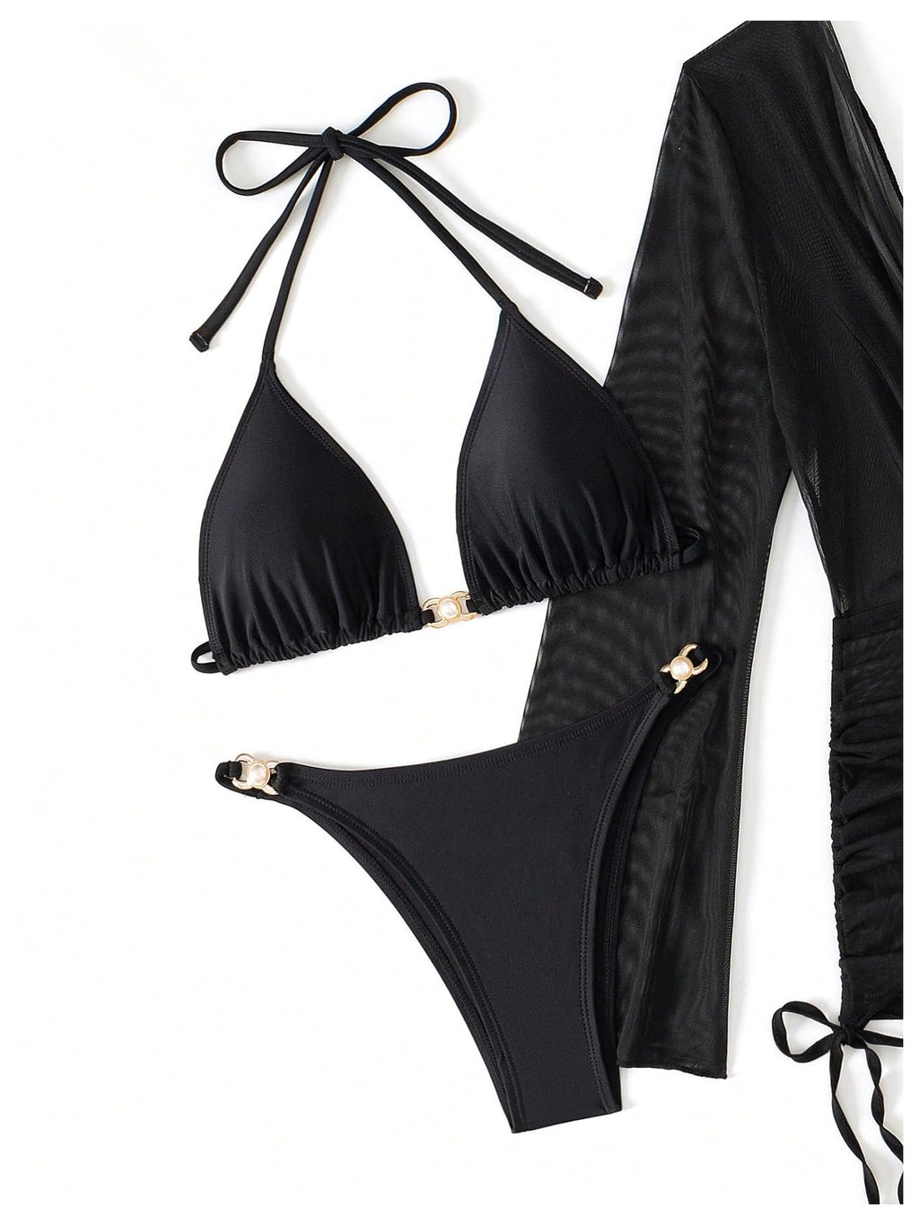 WDIRARA Women's 3 Piece Bikini Set High Cut Halter Swimsuit with Long Sleeve Drawstring Cover Ups Black Medium