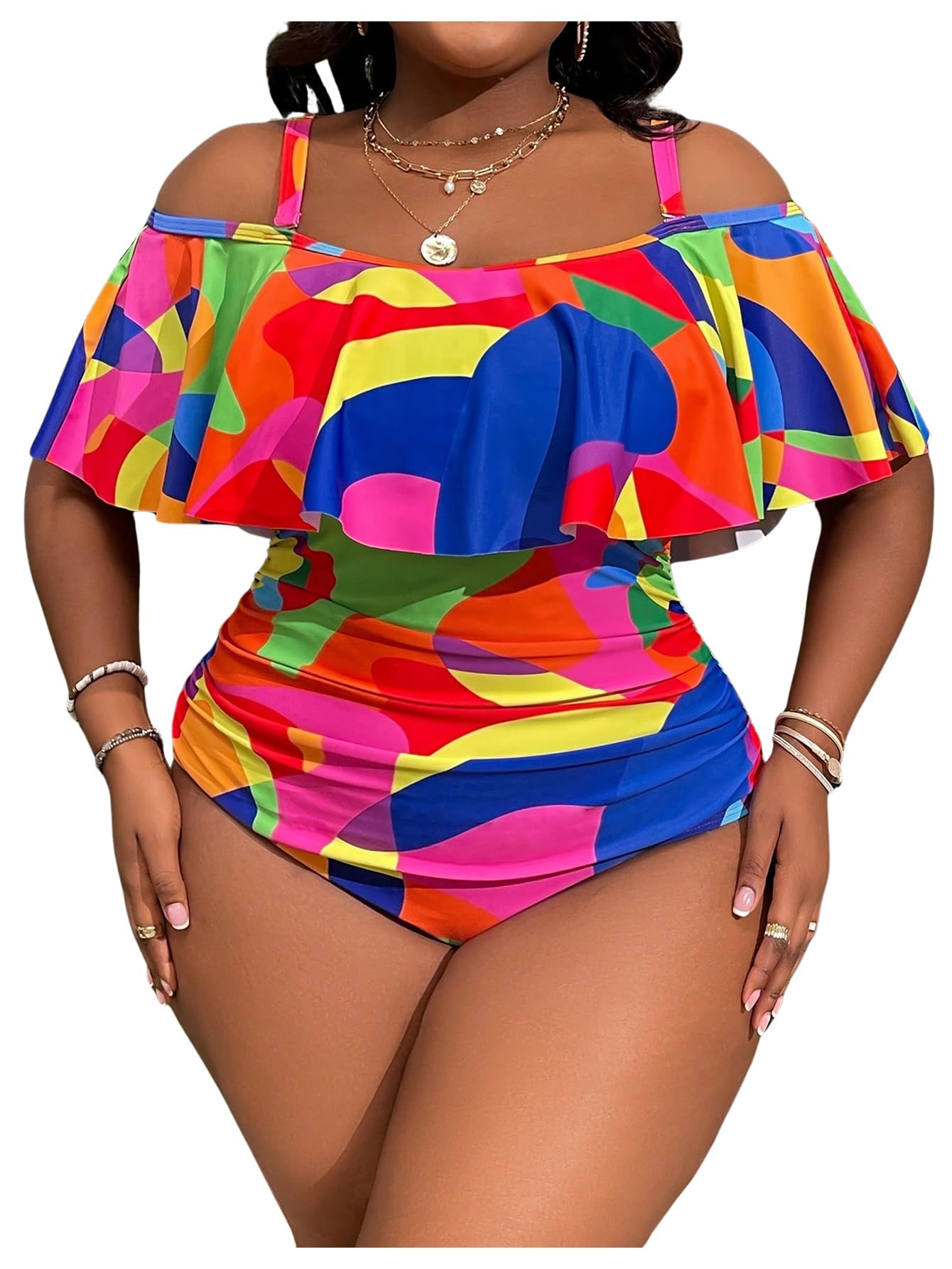 WDIRARA Women's Plus Size One Piece Swimsuit Color Block Ruffle Cold Shoulder Swimwear Multicolor X-Large Plus