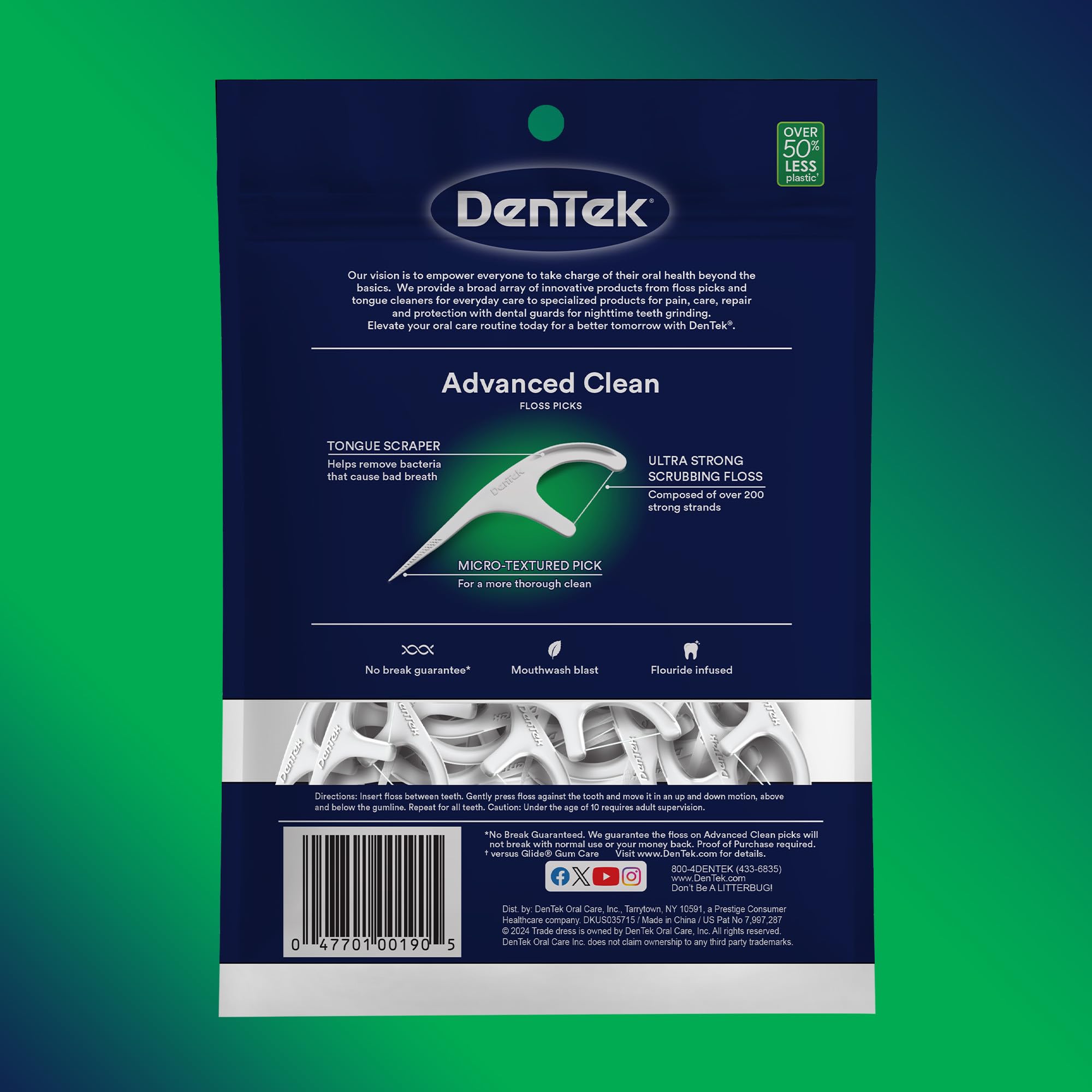 DenTek Advanced Clean Floss Picks with No Break & No Shred Dental Floss, Plaque Remover, 150 Count, Pack of 3