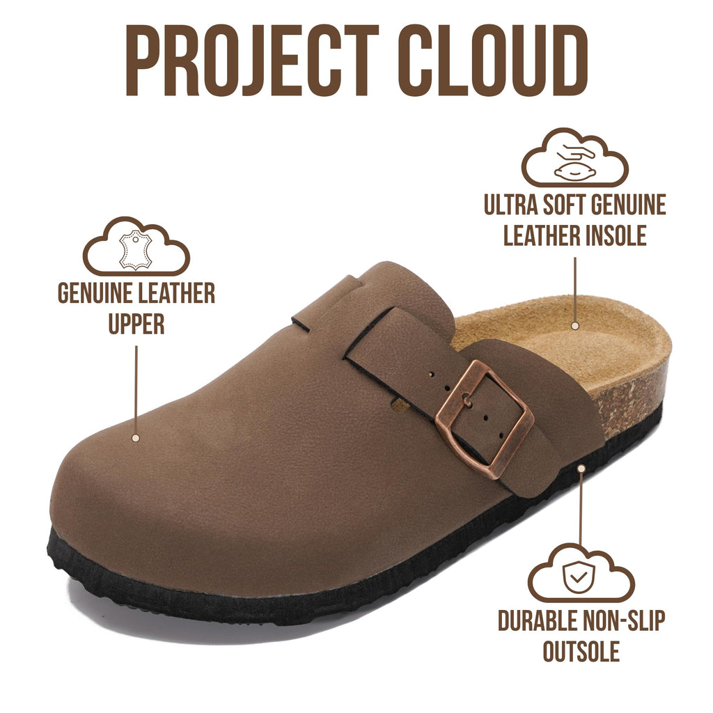 Project Cloud Genuine Leather Footbed Clogs for Women - Memory Foam Arch Support Slippers for Women - Trendy Slip-ons Women's Mules & Clogs Sandals (Benton,TANLEATHER,7M)