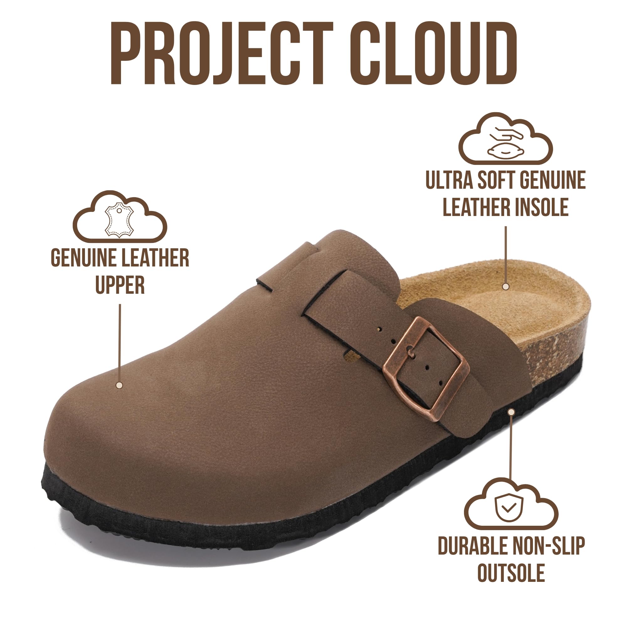 Project Cloud Genuine Leather Footbed Clogs for Women - Memory Foam Arch Support Slippers for Women - Trendy Slip-ons Women's Mules & Clogs Sandals (Benton,TANLEATHER,7M)
