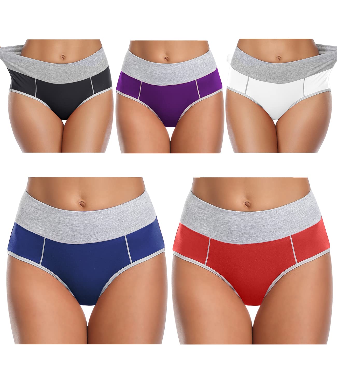 wirarpa Women's Cotton Underwear High Waist Stretch Briefs Soft Underpants Ladies Full Coverage Panties 5 Pack Black Purple White Navy Red Large