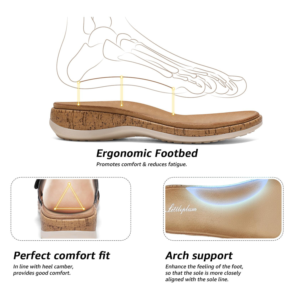 Littleplum Women Flats Sandals Arch Support Open-Toe Casual Summer Low Wedge Shoes for Daily Beach Walking Dressy Comfy Summer Sandals Brown Size 11