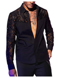 WDIRARA Men's Floral Lace Button Down Shirt See Through Long Sleeve Collared Top Sexy Clubwear Black X-Large