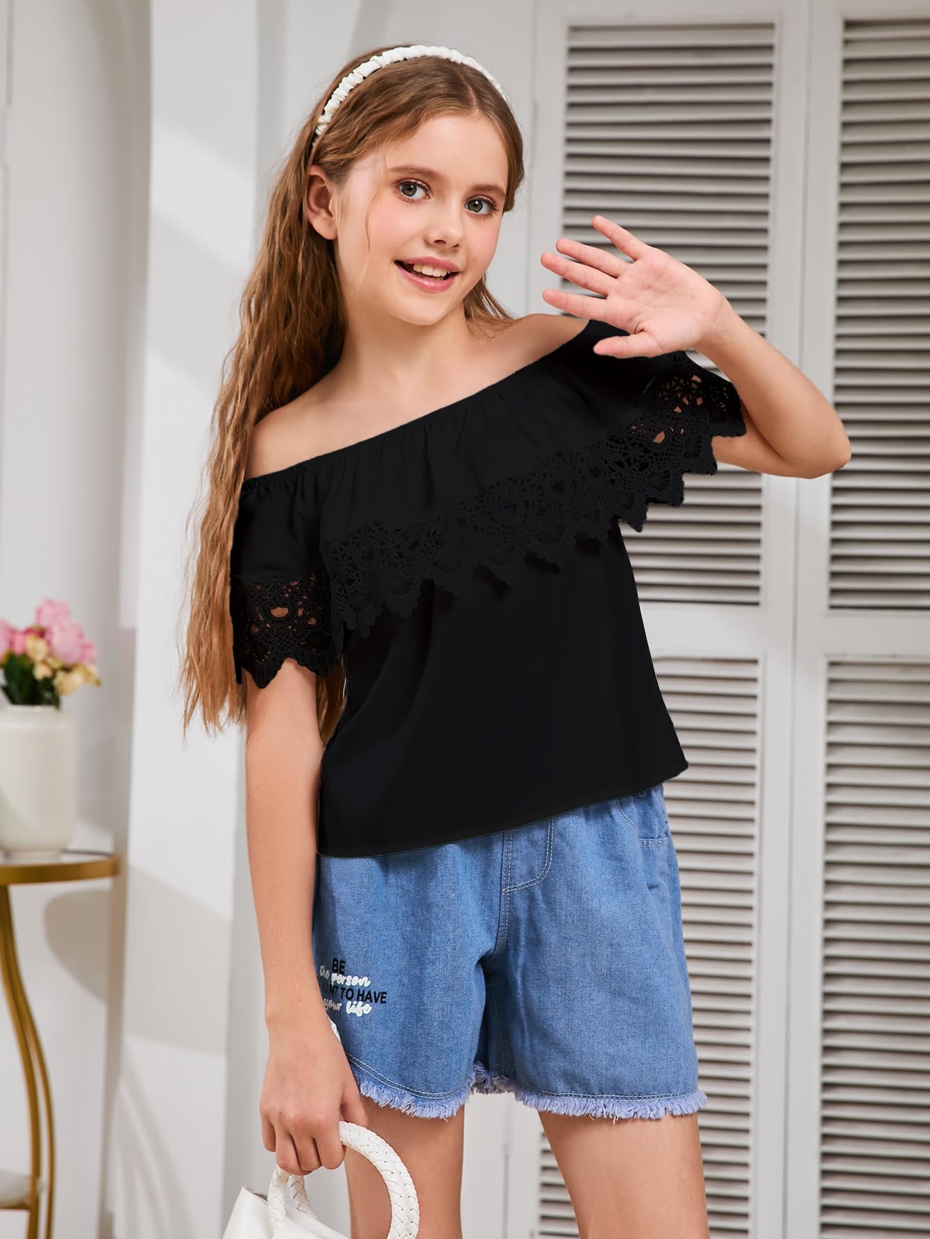 WDIRARA Girl's Off The Shoulder Ruffle Trim Lace Short Sleeve Blouse Top Black 11 Years