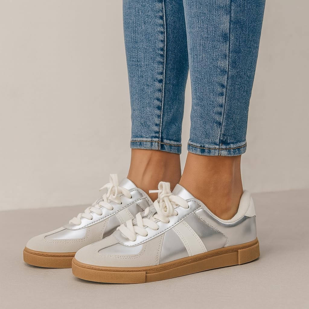 CUSHIONAIRE Bailey Womens Retro Sneaker, Classic Everyday Sneakers for Women with Sleek Rounded Toe and Memory Foam, SILVER 8.5