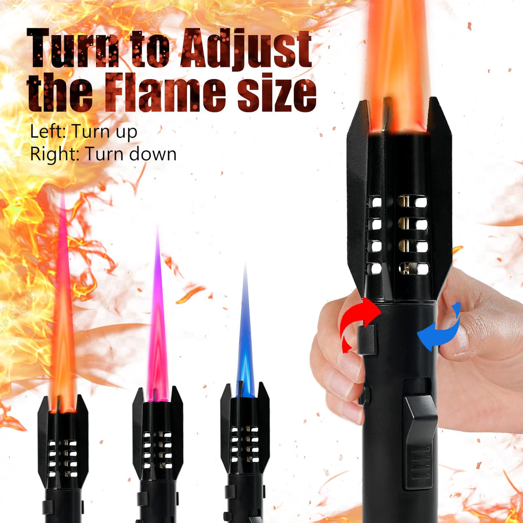 Camping Lighter, Torch Lighter, Straight Flame Bright Fire Refillable Windproof Adjustable Color with Safety Lock for Campfires Kitchen Hiking Candles Fireplace BBQ Outdoor Essentials (Black)