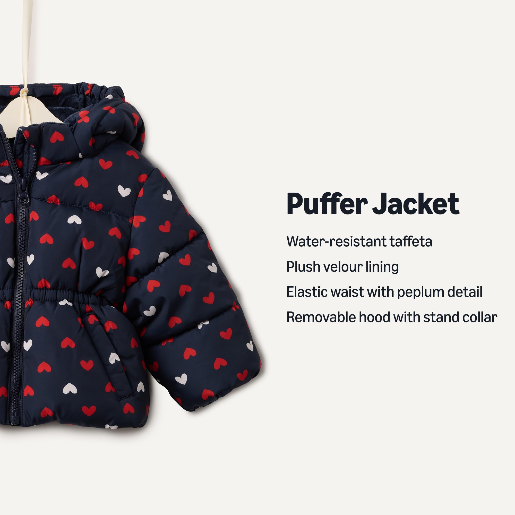 Amazon Essentials x Sofia Grainge Toddler Girls' Water-Resistant Hooded Puffer Jacket, Navy Hearts, 3T