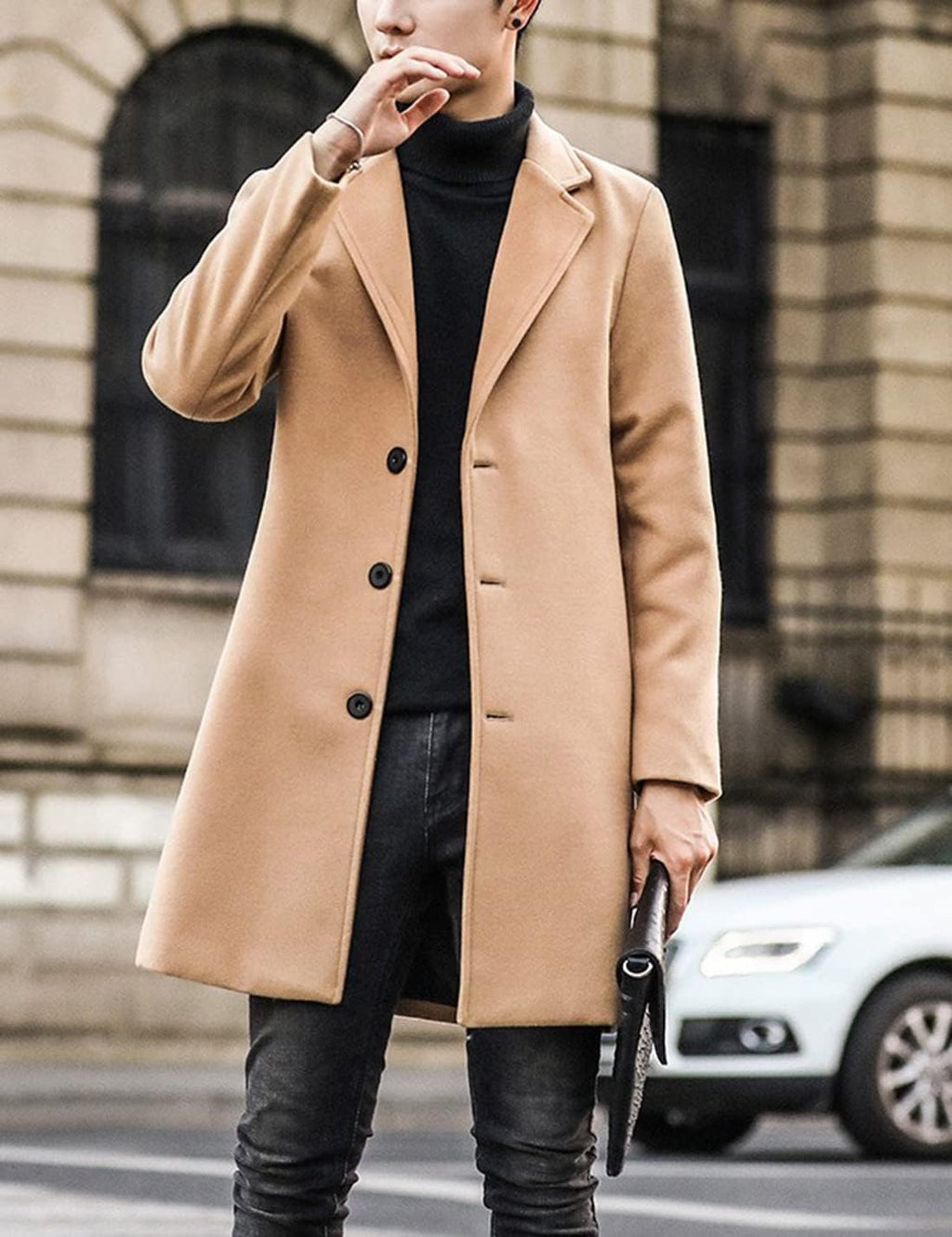 Springrain Men's Wool Blend Pea Coat Notched Collar Single Breasted Overcoat Warm Winter Trench Coat(Khaki-S)