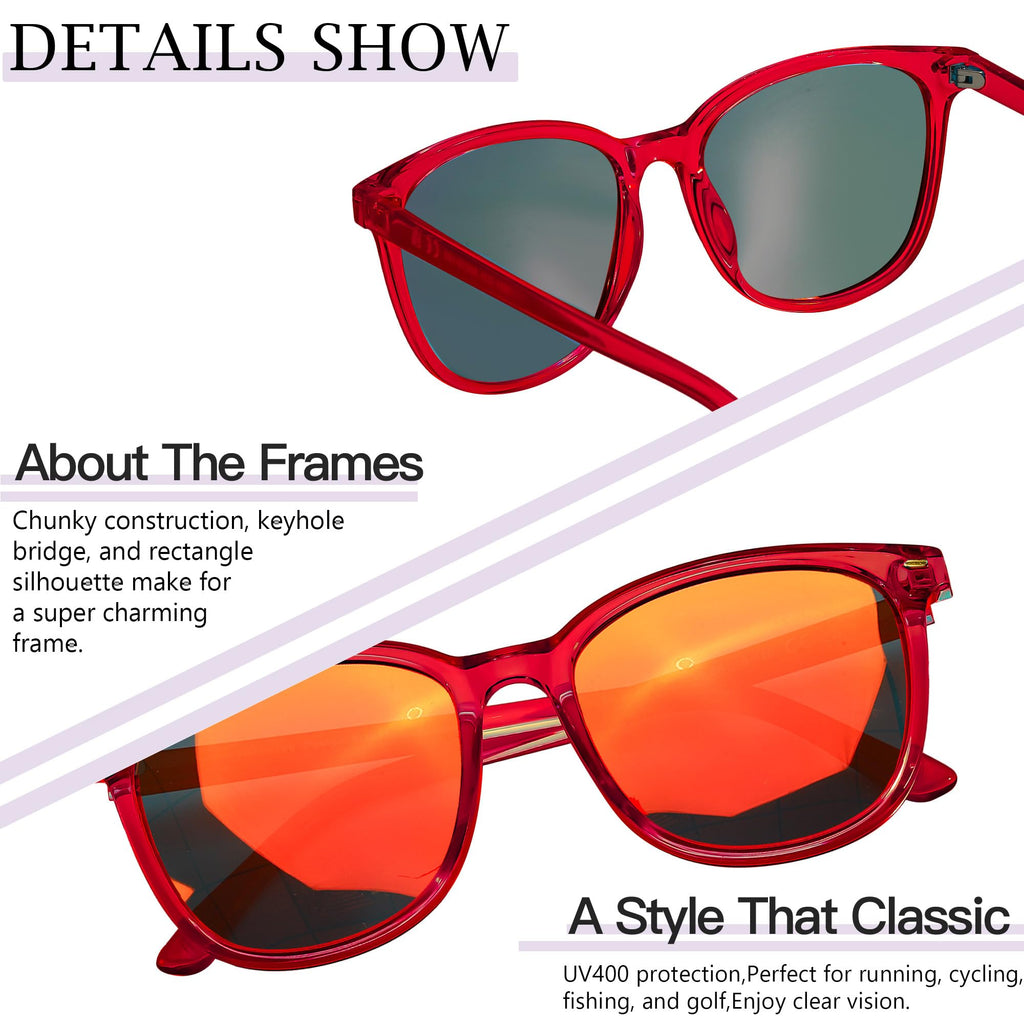 SIPHEW Mirrored Polarized Sunglasses for Women - Designer Oversized Square Beach Eyewear w UV400 Protection (A26-red frame red len)