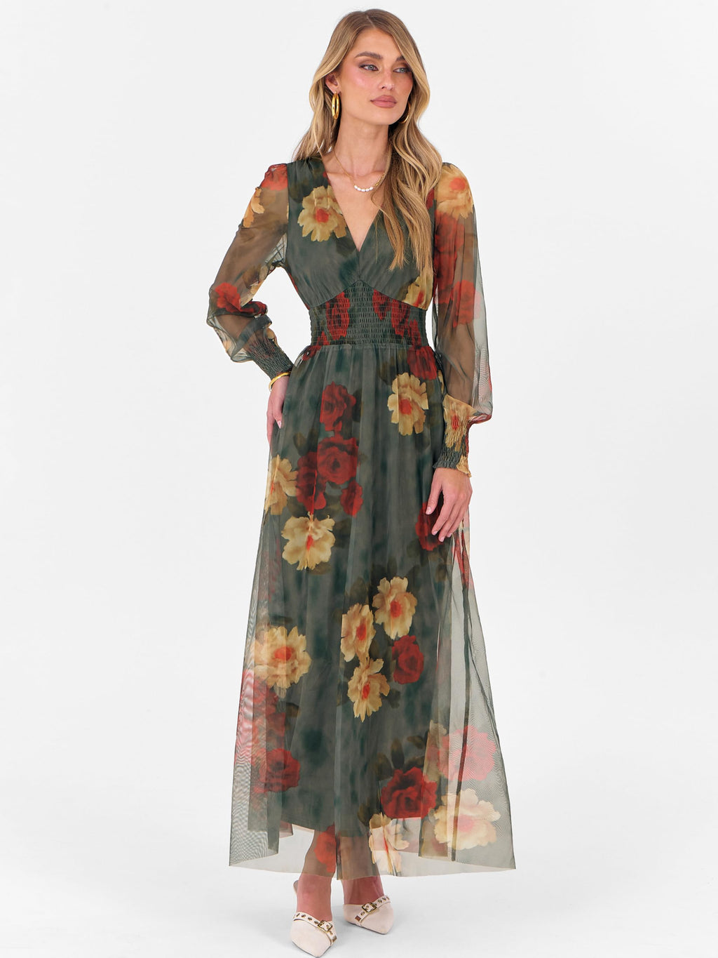 ANRABESS Women's Floral Maxi Dress 2025 Fall V Neck Puff Long Sleeve Flowy Casual Wedding Guest Tea Party Tulle Dresses Red and Yellow Rose M