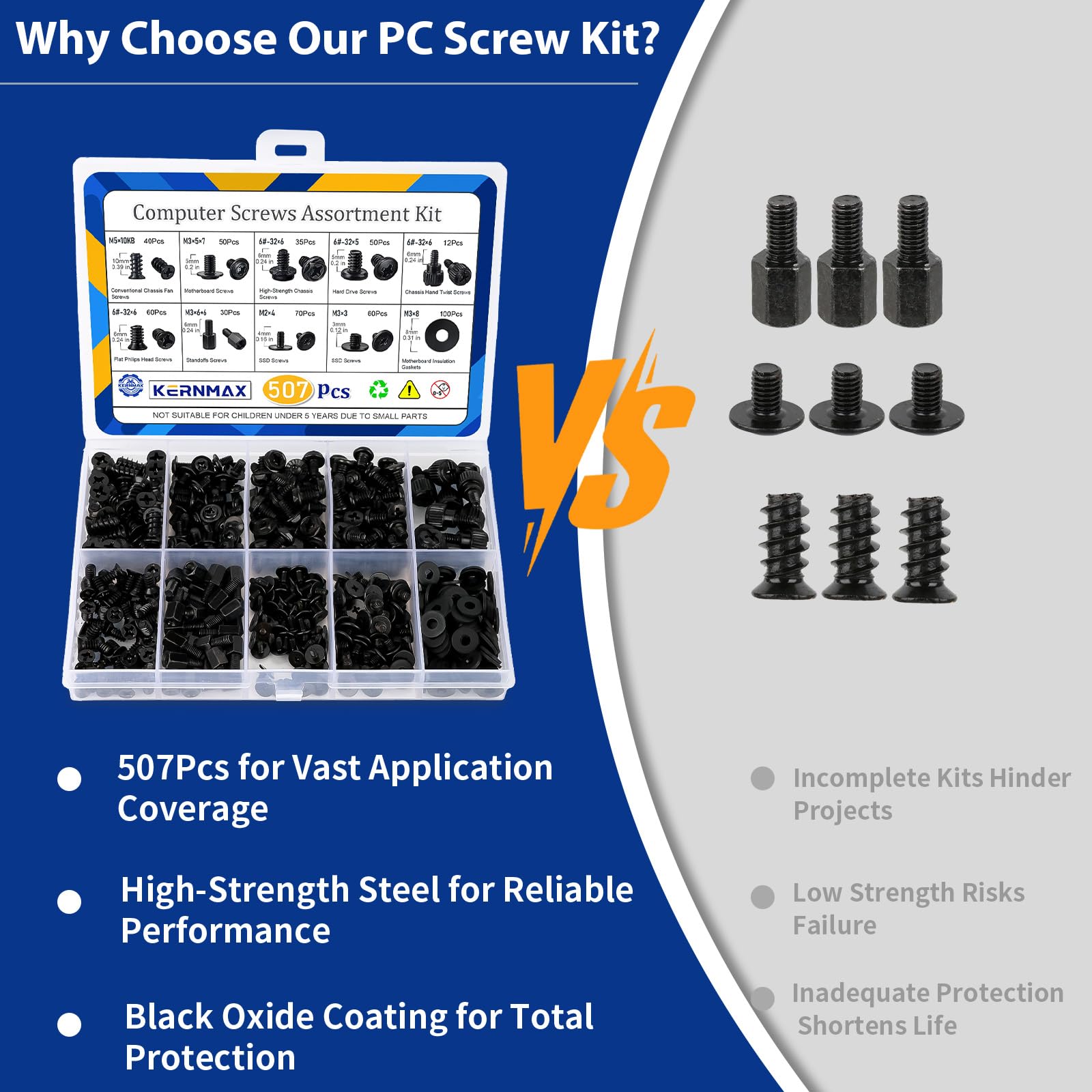 Kernmax 507Pcs Professional Computer Screws Assortment Kit, Includes Motherboard Screws, Standoffs, PC Case, SSD, Hard Drive, Fan, CD-ROM Screws, Long-Lasting for DIY PC Build and Repair