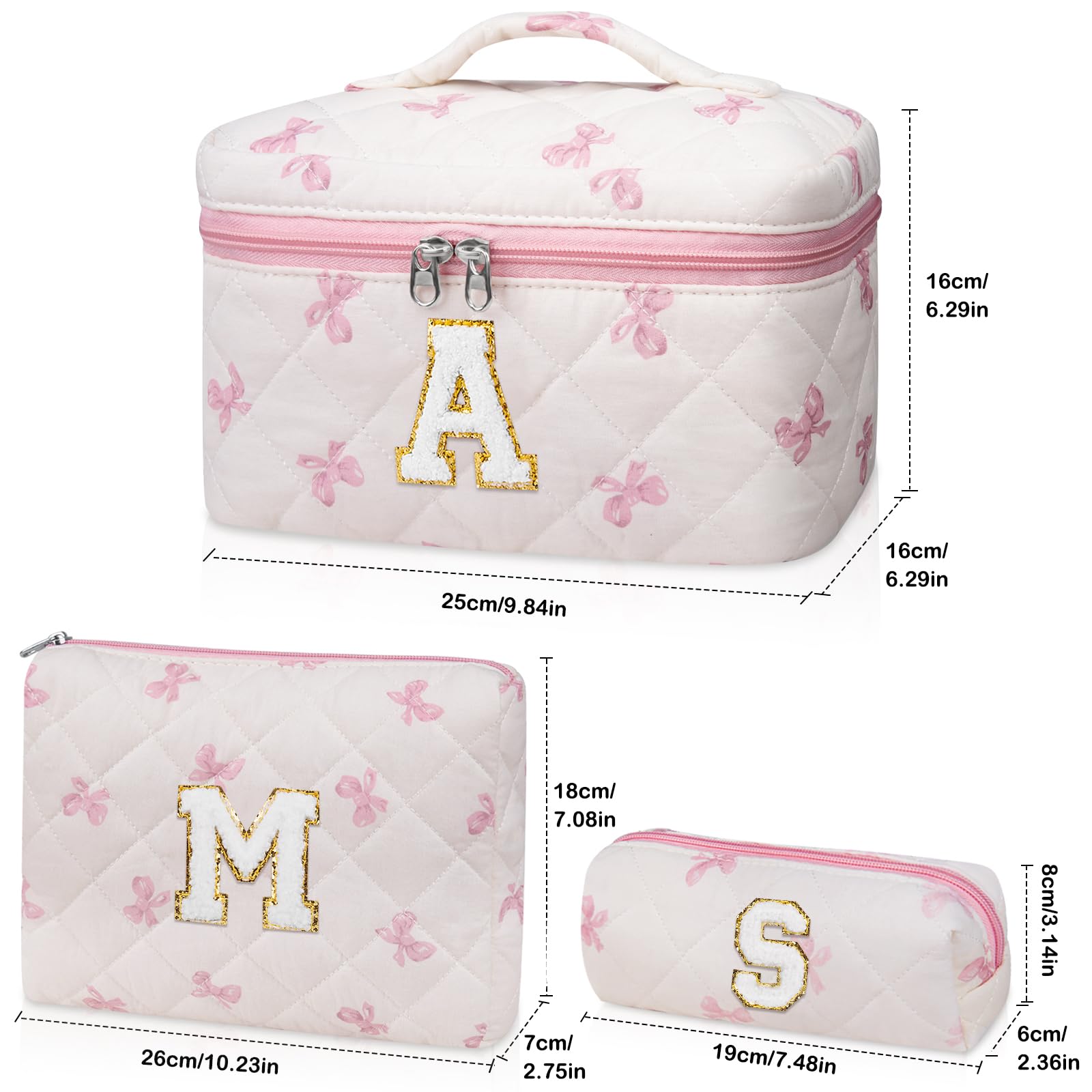 Junesters Initial Makeup Bag Set, Personalized Quilted Makeup Bag, Large Floral Cosmetic Bag for Women, Cute Cotton Custom Make up Bags, Flower Travel Toiletry Bag Teen Girl Gift Pink Butterfly M