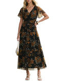 ANRABESS Womens Summer Floral Maxi Dress Short Sleeve Flowy Tulle Wedding Guest Beach Vacation 2026 Spring Party Long Dresses Floral Black Yellow Large
