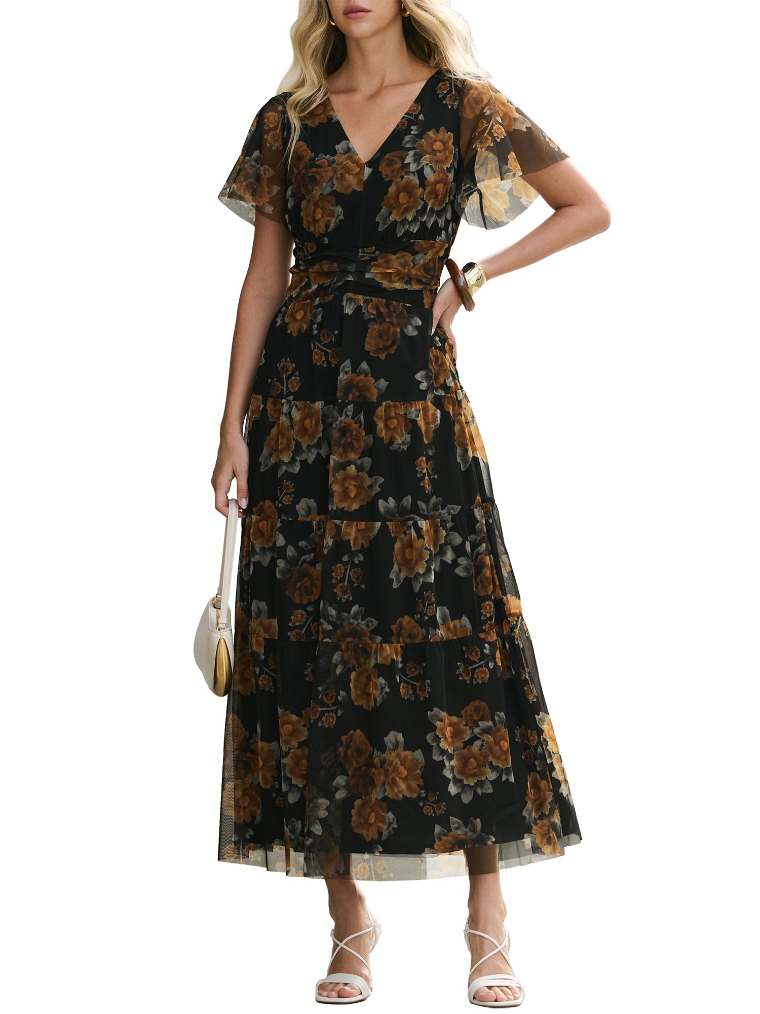 ANRABESS Womens Summer Floral Maxi Dress Short Sleeve Flowy Tulle Wedding Guest Beach Vacation 2026 Spring Party Long Dresses Floral Black Yellow Large