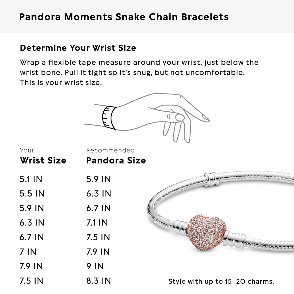 Pandora Jewelry - Moments Pave Heart Clasp Snake Chain Cubic Zirconia Bracelet - Gift for Her - Pandora Rose - 6.7"