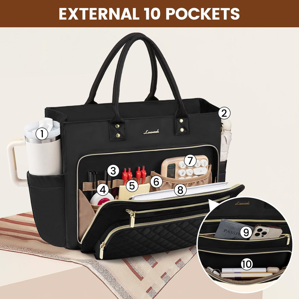 LOVEVOOK Teacher Tote Bag for Women Work, Laptop Bag Work Tote Bag Nurse Bags With Large Cup Holder, Professional Computer Briefcase Business Large Purses Handbag, Diaper Bag Mother Gift, Black
