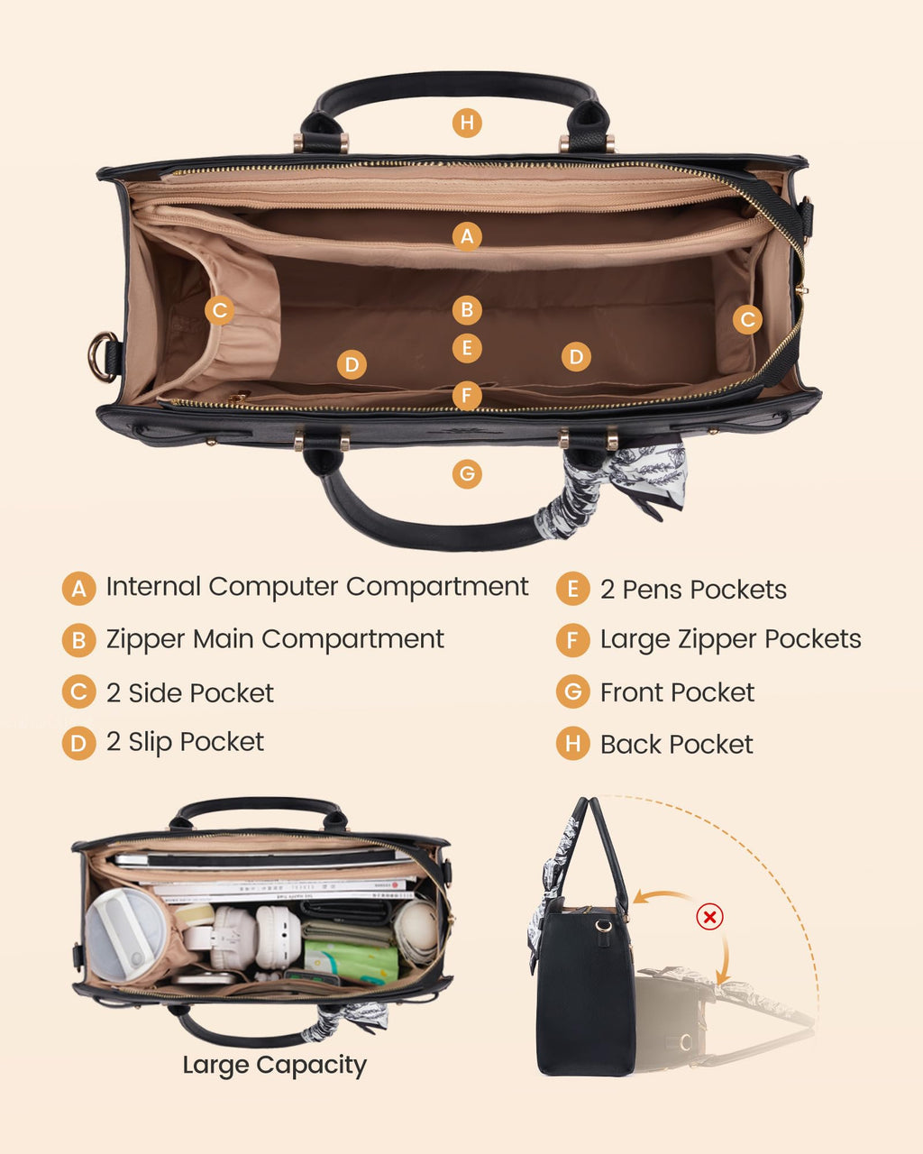 LOVEVOOK Laptop Tote Bag for Women, 15.6 Inch PU Leather Work Bag Waterproof Computer Briefcase Handbag for Teacher Business Office with Silk Scarf, Black