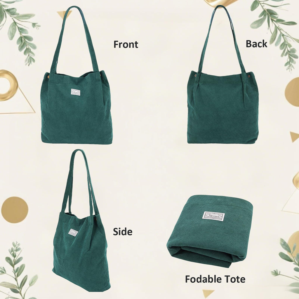 UERRUAM Corduroy Tote Bag for Women with Inner Pockets,Cute Go-to Bag for Everyday,Work,Lightweight,Washable,Portable,S,Green