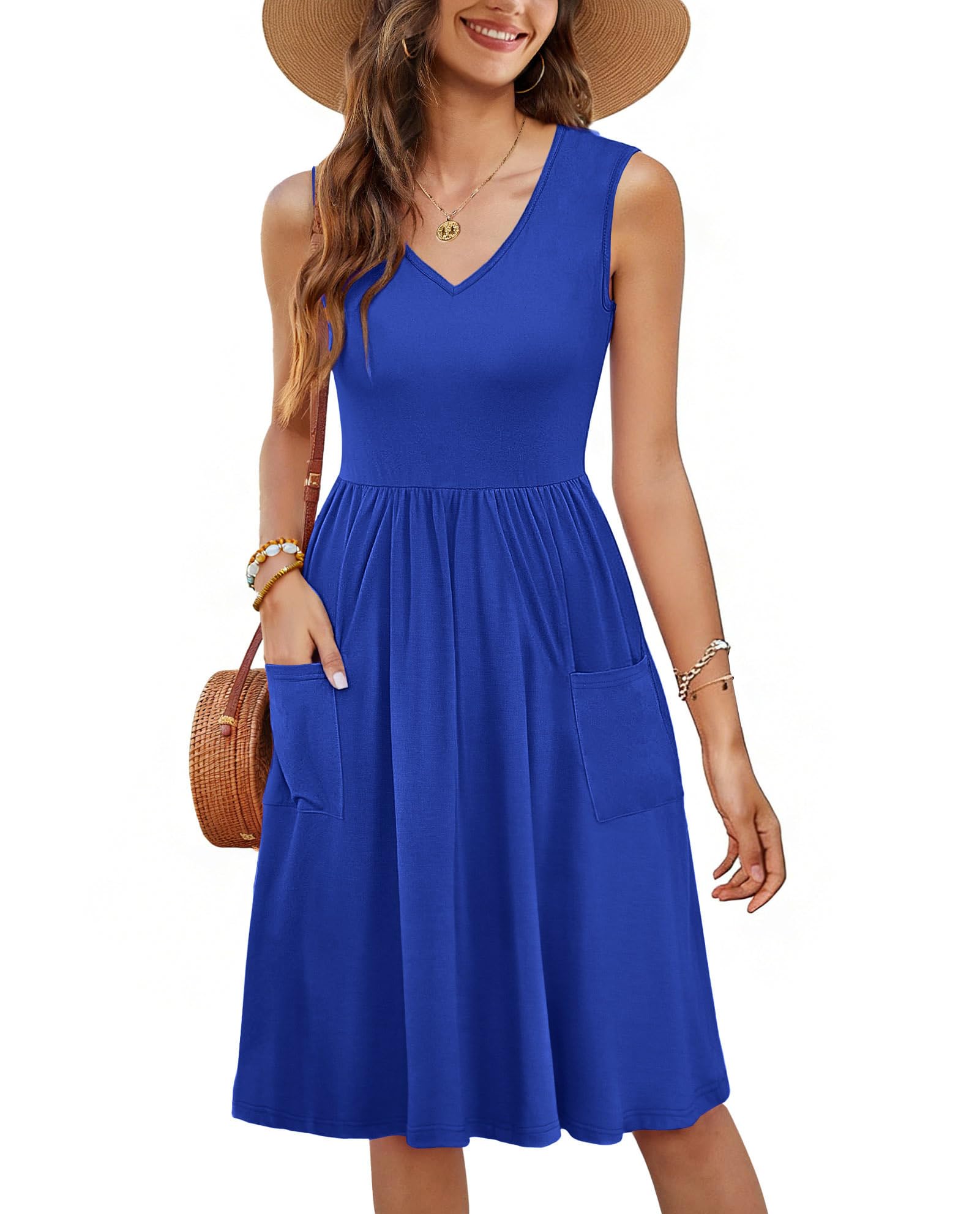 RUMIA V Neck Summer Casual Dresses for Women- Womens Sleeveless Tank Sundress with Pockets Vacation RoyalBlue