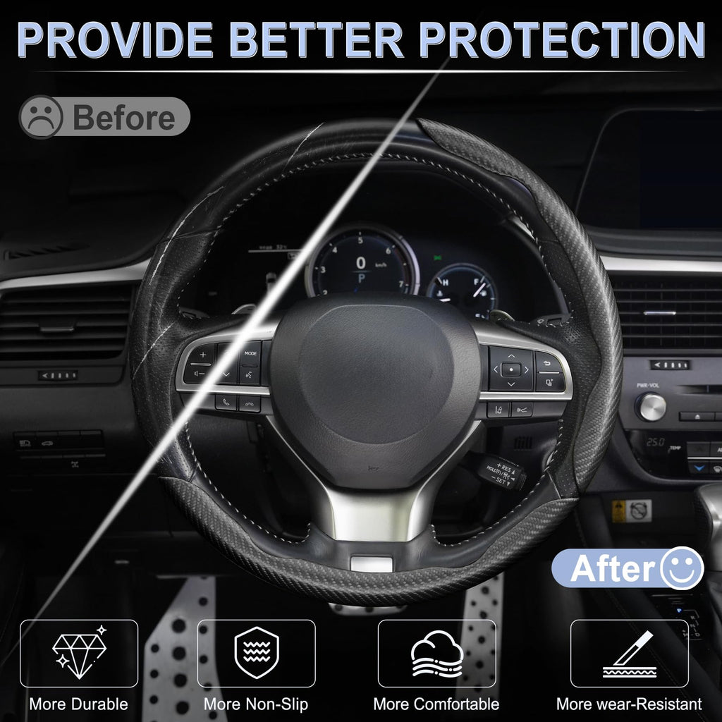Amiss 3pcs Carbon Fiber Anti-Skid Steering Wheel Cover, Waterproof & Segmented Butterfly Design, Universal 99% Vehicle Wheel Cover Protector, Car Interior Accessories, Black