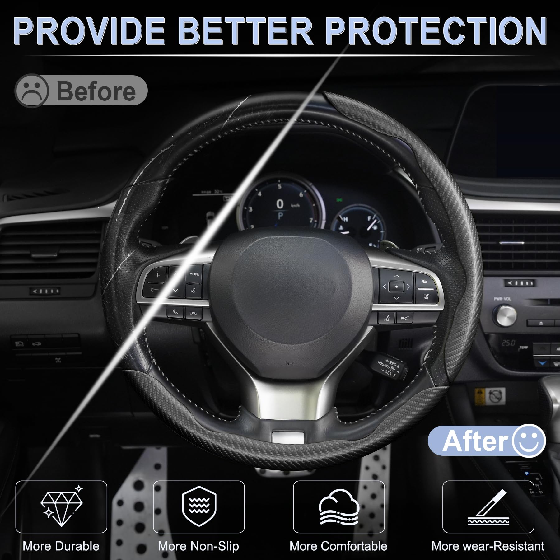 Amiss 3pcs Carbon Fiber Anti-Skid Steering Wheel Cover, Waterproof & Segmented Butterfly Design, Universal 99% Vehicle Wheel Cover Protector, Car Interior Accessories, Black