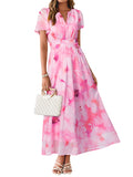 Simplee Women Floral Summer Maxi Dress Boho Flowy Casual Chiffon Short Sleeves V Neck Long Wedding Guest Dresses Pink White Floral M