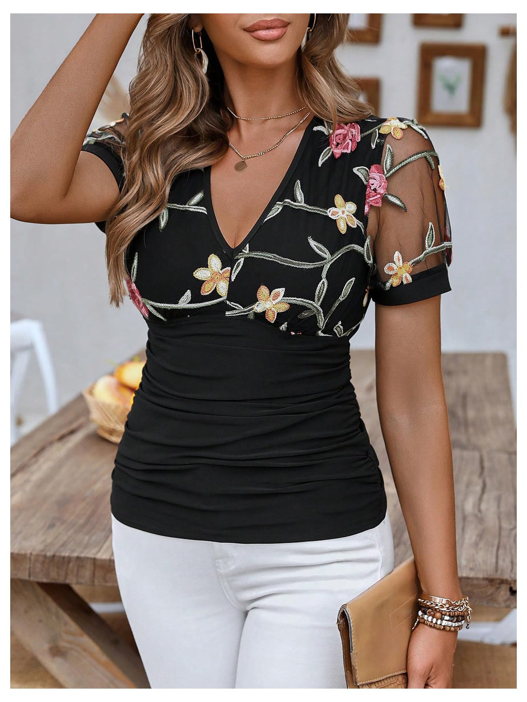 WDIRARA Women's Floral Embroidery Deep V Neck Mesh Short Sleeve Top Ruched Slim Fit Tee Black X-Large
