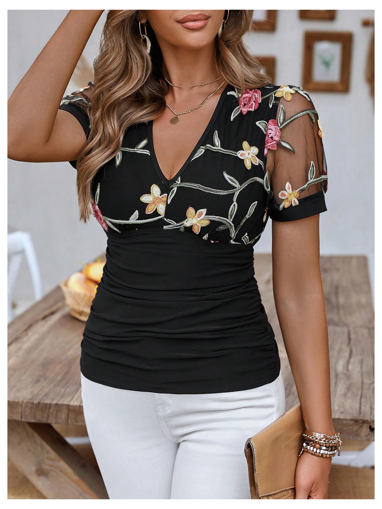 WDIRARA Women's Floral Embroidery Deep V Neck Mesh Short Sleeve Top Ruched Slim Fit Tee Black X-Large