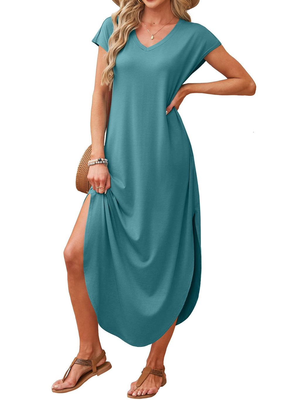 RUMIA Summer Casual Maxi Dresses for Women- Women's V Neck Cap Sleeve Long Sundress with Pockets Beach Vacation Turquoise