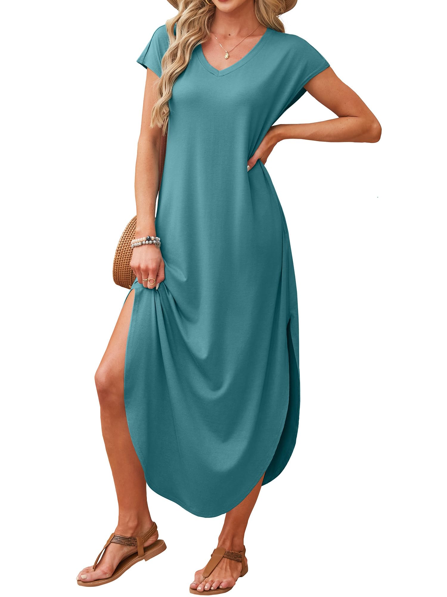 RUMIA Summer Casual Maxi Dresses for Women- Women's V Neck Cap Sleeve Long Sundress with Pockets Beach Vacation Turquoise