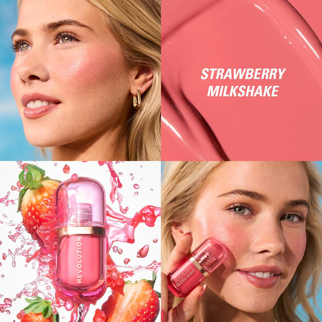 Revolution Beauty London, Superdewy Liquid Blush Burst, Buildable Color for Cheek, Serum Formula with Peptides & Hyaluronic Acid, Vegan & Cruelty-Free, Strawberry Milkshake Cool Pink, 0.14 oz