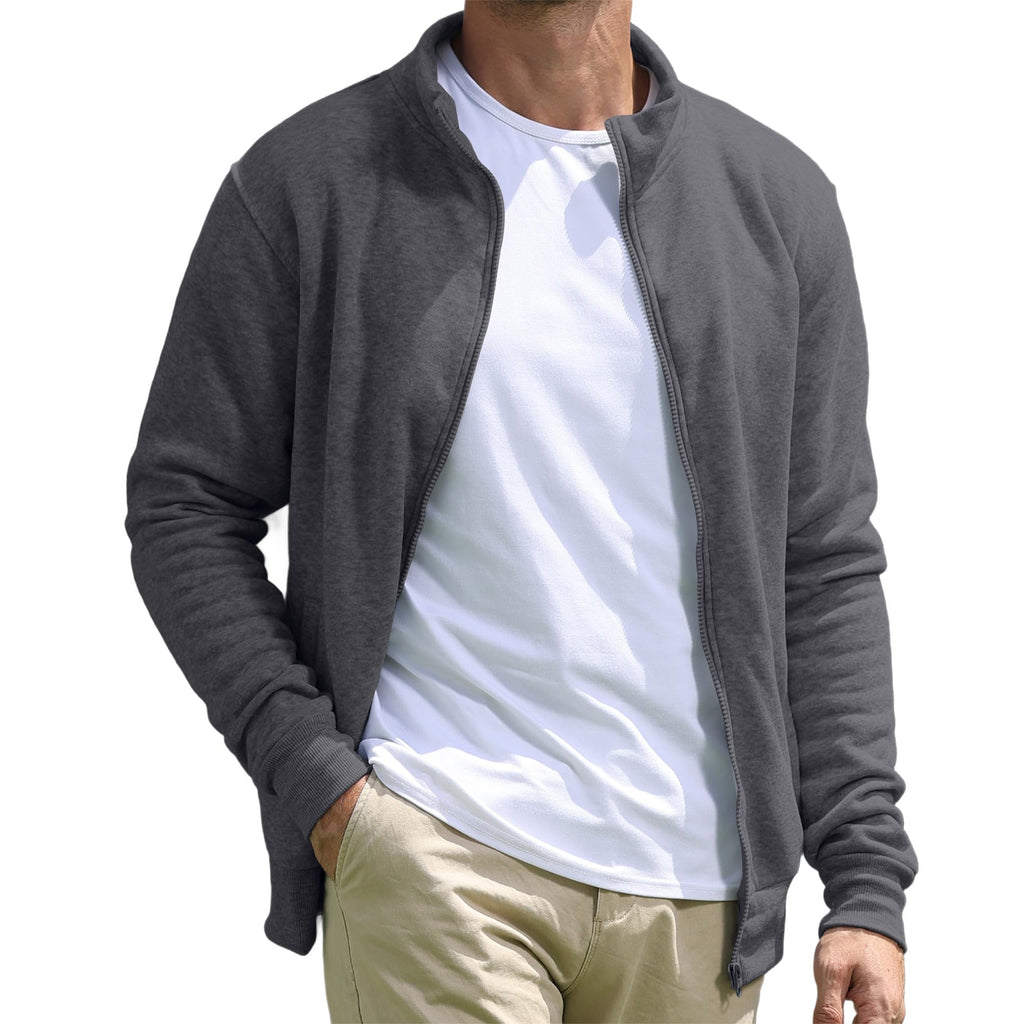 BRAPRO Men's Full-Zip Sweatshirt No Hood Hoodies Stand Collar Cardigan Pockets Jacket Casual & Active Loose Cotton Fleece Darkgrey M