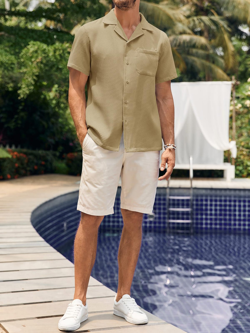 Mens Waffle Button Down Shirt Short Sleeve Loose Fit Cuban Summer Beach Plain Tops Khaki
