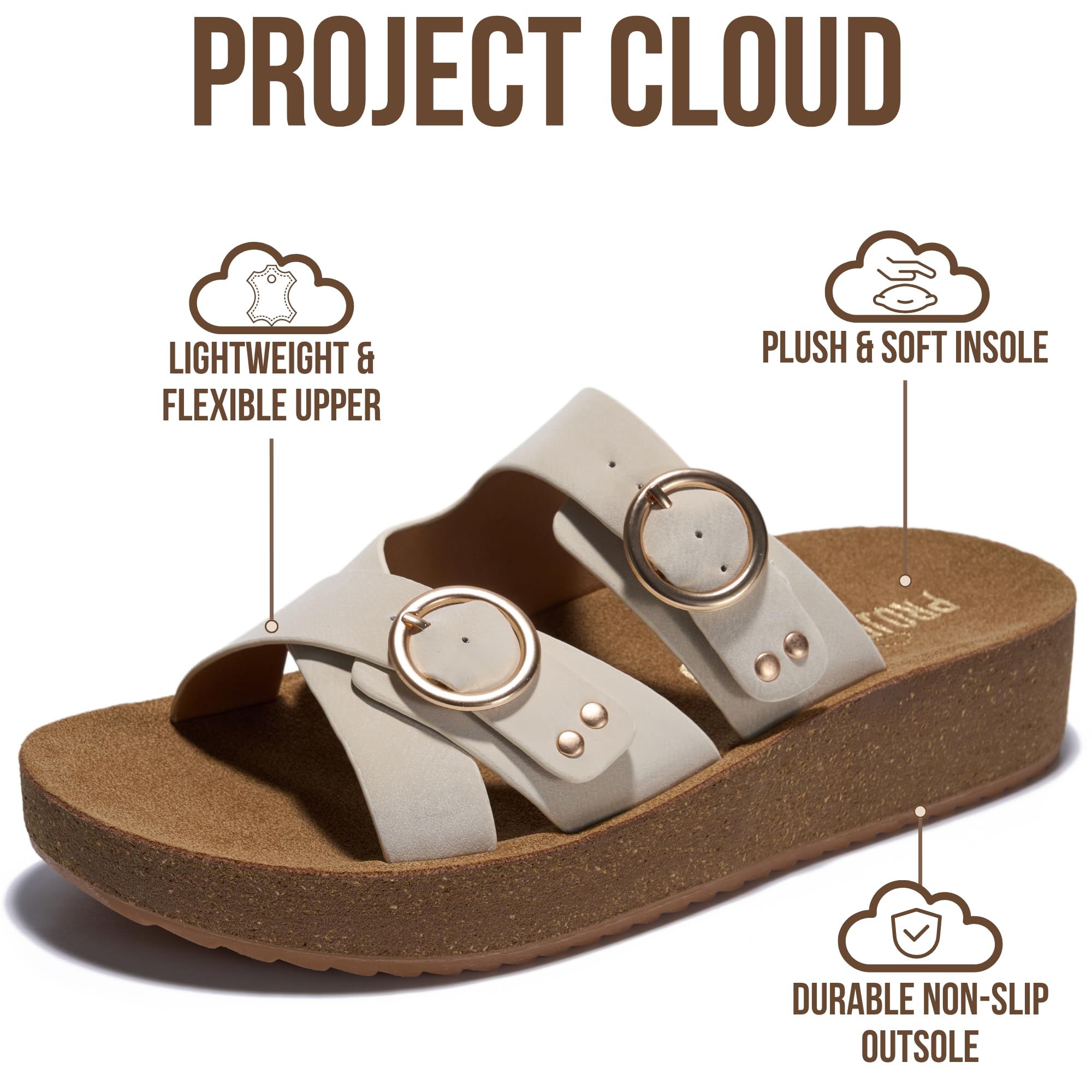 Project Cloud Platform Sandals Women - Eco-Crafted Leather Womens Summer Shoes with Lightweight Adjustable Buckle and Non-Slip Outsole Summer Sandals for Women 2026 (KRISTI,CREAM,9M)