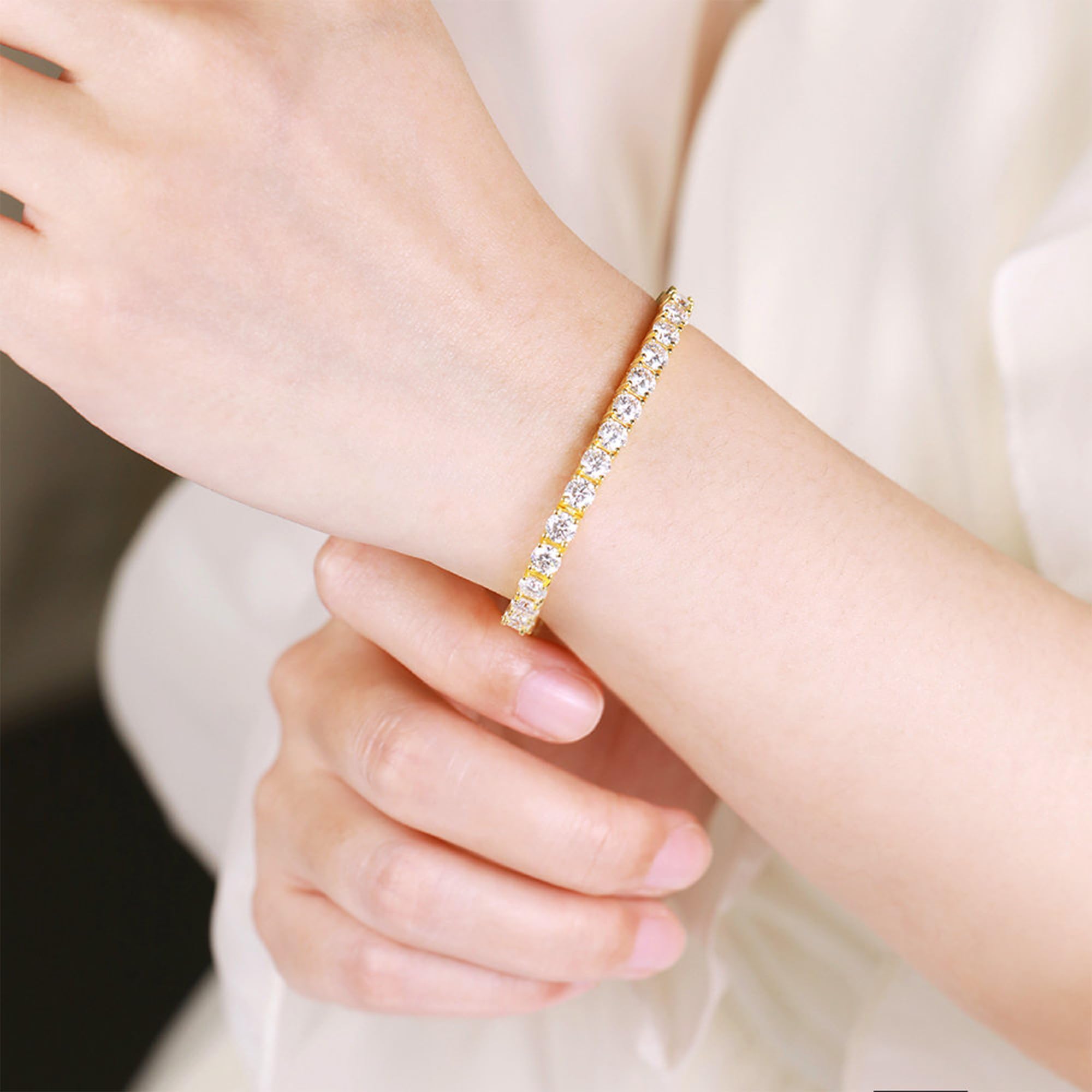 Gem's Beauty moissanite tennis bracelet 18k white gold plated 925 silver 3-6.5mm D Color VVS1 Round Cut moissanite bracelets for women Men Gift birthday anniversary (Gold 3MM, 6.5 inches)