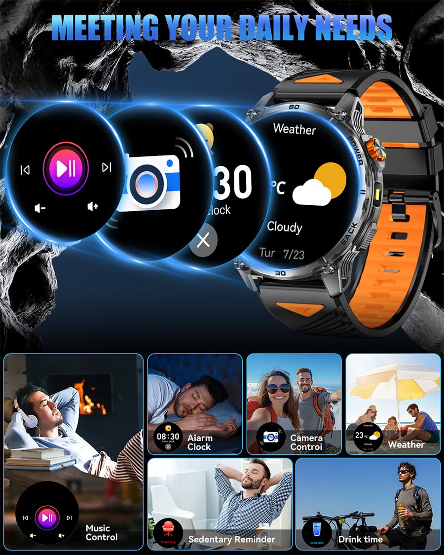 PODOEIL Military Smart Watches for Men,1000mAh/1.7" HD Large Screen Smartwatch, Led Flashlight, Answer/Make Calls,Waterproof,Heart Rate/Sleep Monitor/110+ Sport Modes Fitness Watch for Android/iPhone